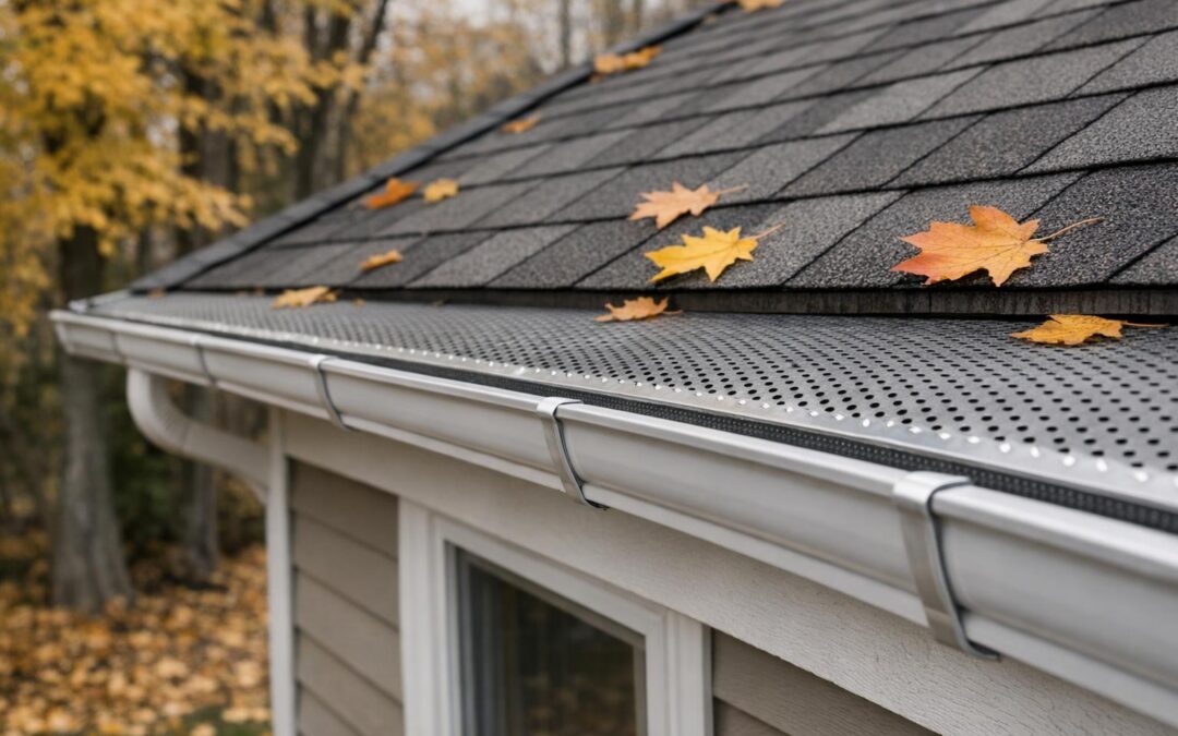 Clean house gutters in Boise during fall, surrounded by colorful autumn leaves and mature trees, highlighting seasonal maintenance.
