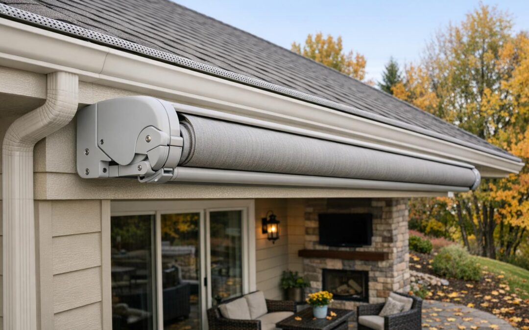 Stock photo of a Boise home showing a rolled-in retractable awning, clear gutters and downspouts, and scattered fall leaves, illustrating fall storm preparedness.