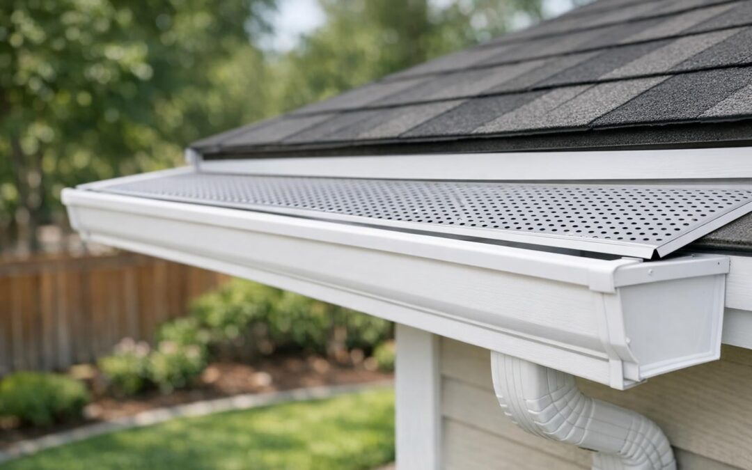 A close-up stock photo of a clean residential gutter with a metal gutter guard installed, attached to a home roof in a Boise suburb.