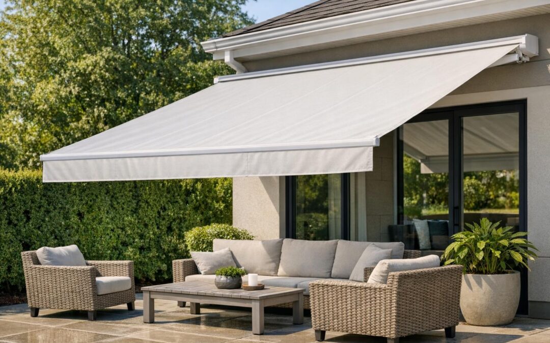 A clean, dry awning shading a tidy patio on a sunny day, illustrating mold prevention through proper care and maintenance in Boise.
